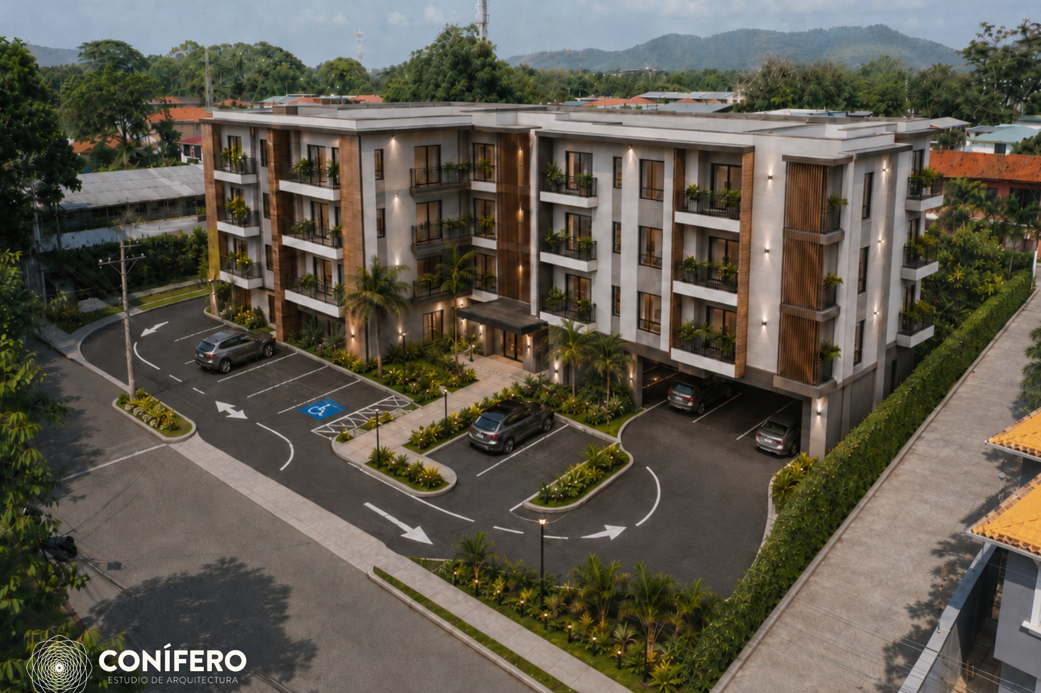 Render conceptual de una torre de apartamentos sobre el terreno